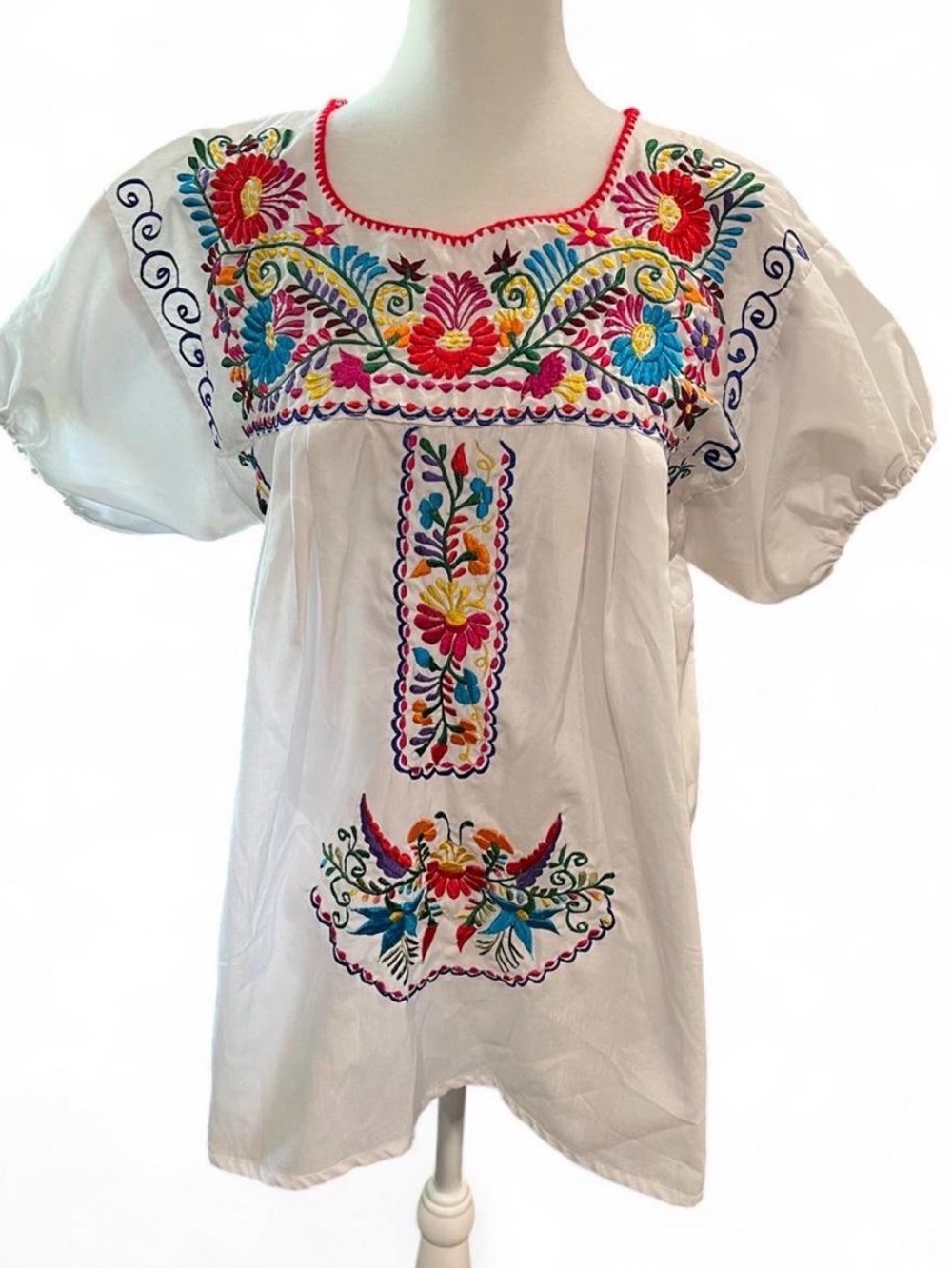 White Mexican Embroidered Peasant Blouse with Multicolor Floral Design